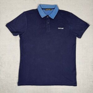 Roberto Cavalli Polo Shirt Mens XL Navy Blue Printed Collar Embroidered Logo